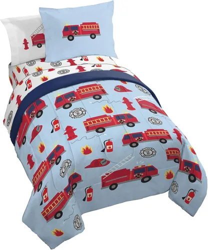 Jay Franco Trend Collector Go Fire Truck Go - Juego de ropa de cama individual de 5 piezas, incluye edredón y juego de sábanas, ropa de cama de