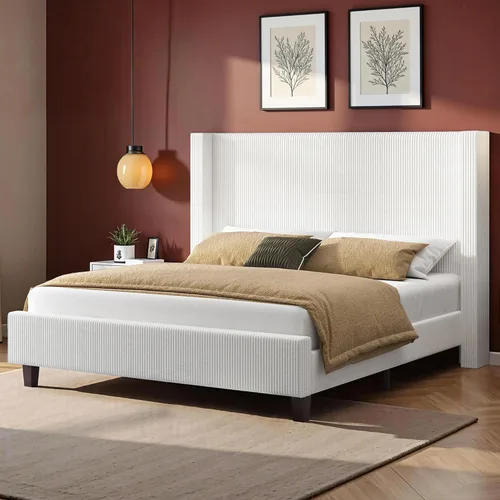 Miniatura 9 de VanAcc Base de cama de plataforma tamaño Queen, cama tapizada de pana de 50.8 pulgadas con cabecera capitonada de canal vertical, listones de Crema