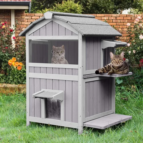 Miniatura 2 de Suumerpety Casa aislada para gatos al aire libre, refugio de madera resistente a la intemperie para gatos con forro, recintos para gatitos, casa
