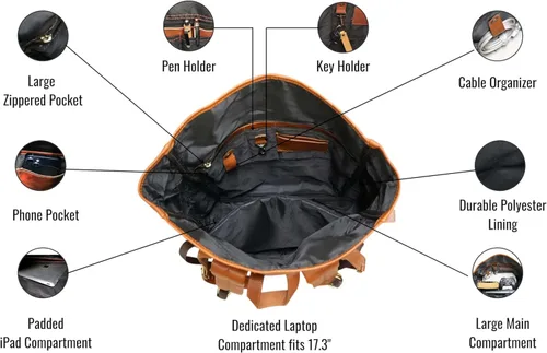 Miniatura 5 de jaald Mochila de cuero marrón de 23 pulgadas, mochila vintage para portátil, bolsa de viaje grande con parte superior enrollable, cómoda y ligera