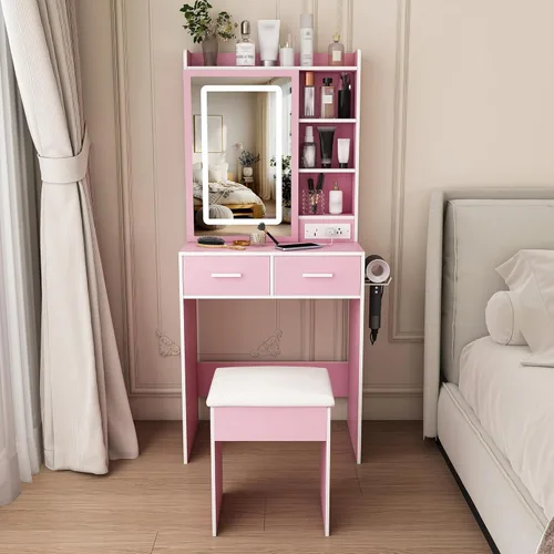 Miniatura 14 de Runboll Small Vanity Desk with Mirror and Lights, Makeup Vanity Table Set with Power Outlet, Drawer Storage, Stool, Adjustable LED Lighting