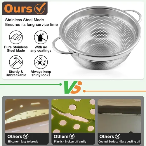 Miniatura 7 de P&P CHEF Colador de acero inoxidable de 3 cuartos de galón, colador de metal microperforado para alimentos de cocina, ideal para enjuagar, lavar