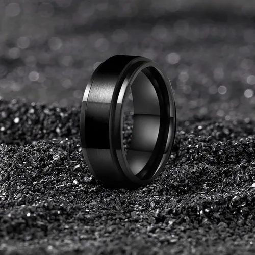 Miniatura 22 de LAOYOU Anillo giratorio para hombre para alivio de la ansiedad 0.315 in de acero inoxidable negro anillo de ansiedad con incrustaciones de cadena