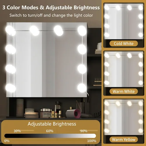 Miniatura 7 de Escritorio de maquillaje con espejo y luz, espejo de tocador con estación de carga para dormitorio, mesa de maquillaje con estantes