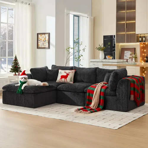 Miniatura 3 de STHOUYN Sofás Seccionales Modernos Negros de 114" sin Estructura para Sala de Estar, Sofá Nube Modular Negro en Forma de L con Otomana, Cómodo Sofá
