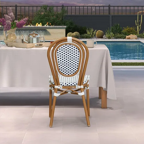 Miniatura 30 de PURPLE LEAF Juego de 1 silla de comedor al aire libre, marco de aluminio francés en acabado de bambú con ratán tejido ámbar y blanco para cocina