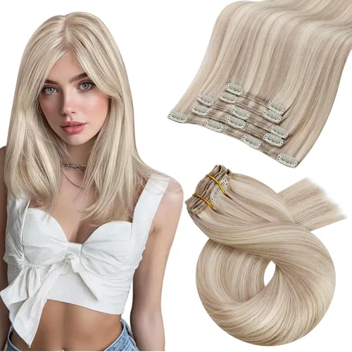 Miniatura 97 de Moresoo Extensiones de cabello humano Remy con clip, color rubio platino, extensiones de cabello humano real de doble trama, color rubio #60, 18