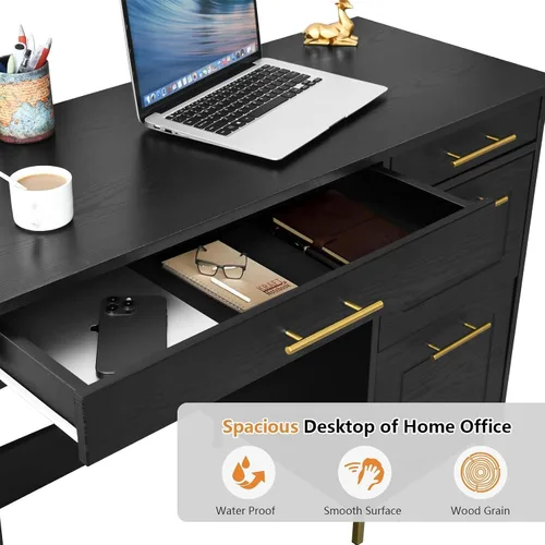 Miniatura 5 de 4 EVER WINNER Escritorio negro con cajones, modernos escritorios de oficina en casa con asas y cajones dorados, mesa de computadora para espacios