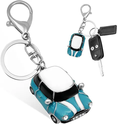 Miniatura 11 de povtii Llavero de Coche, Detalle de Rinstones 3D Modelo de Coche Bonito Llavero, Llavero de Metal Mini Cooper con Anillo, Accesorios para Coche Azul