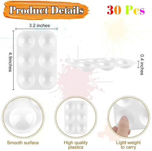 Miniatura 2 de Paquete de 30 bandejas de pintura de arte blanco de 6 pozos rectangulares para acuarela, bandeja de pintura para estudiantes y adultos, pintura