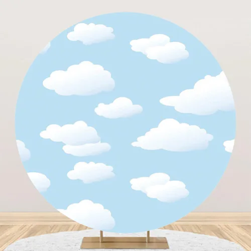 Miniatura 4 de Telón de fondo redondo de 5 x 5 pies, diseño de cielo azul y nubes blancas, fondo de fotografía de círculo celestial de poliéster para niños, baby