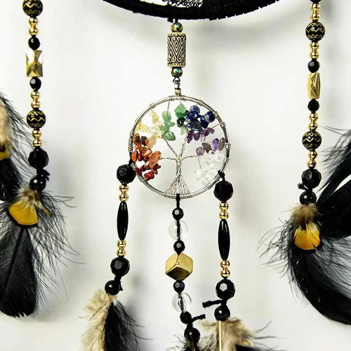 Miniatura 4 de Árbol de la vida negro de 7 chakras, decoración de pared con piedra de cristal curativo arco iris, hecho a mano, plumas, atrapasueños, adorno