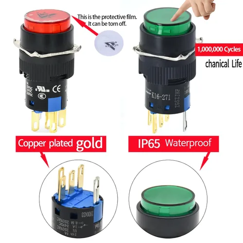 Miniatura 4 de Interruptor de botón pulsador de 0.630 in, 0.63 pulgadas, certificación UL redondo con luz LED de 24 V CC, 1 NC, SPDT, 5 pines con enchufe de Verde