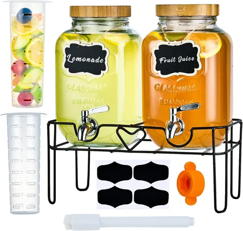 Miniatura 7 de Paquete de 2 dispensadores de bebidas de vidrio de 1 galón con soporte, tapas de bambú e infusor de frutas, espita a prueba de fugas de acero Marrón