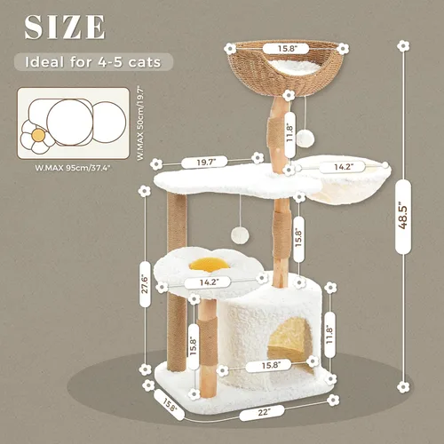 Miniatura 5 de PETEPELA Árbol Rascador Torre Moderno para Gatos Grandes con Percha de Flores, Postes Rascadores de Madera Maciza Natural, Árbol para Gatos Bohemio