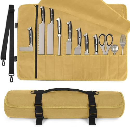 Miniatura 10 de lelezone Bolsa enrollable para cuchillos de chef, resistente al agua, funda de lona encerada para cuchillos, bolsas enrollables para chefs