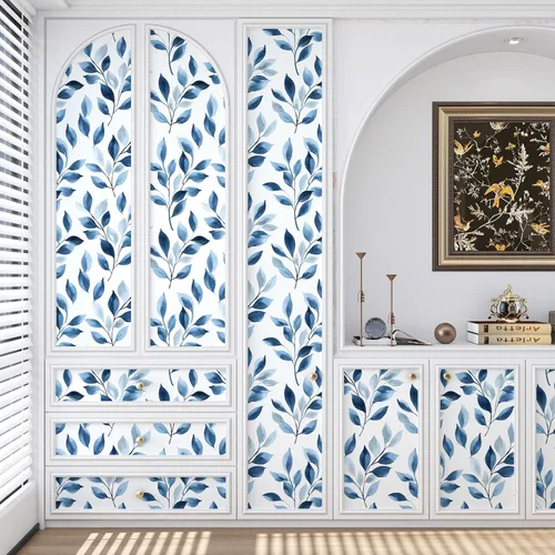 Miniatura 4 de Papel Tapiz Despegable de Hojas Azules Boho, Diseño de Hojas Azules Moderno Vinilo Autoadhesivo Papel de Contacto Casual Estilo Granja para Cajón