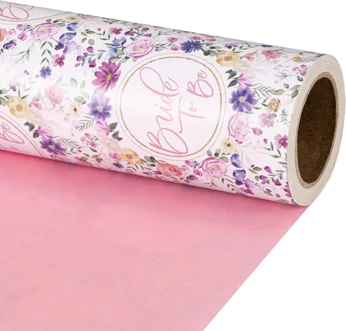 Miniatura 12 de RUSPEPA Papel de regalo reversible floral para niñas y mujeres, mini rollo, acuarela azul floral y azul sólido papel de regalo para cumpleaños, Rosa