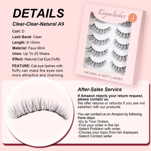 Miniatura 3 de Pestañas de tira natural con banda transparente, pestañas rizadas en D de ojo de gato de 0.31 a 0.59 pulgadas que parecen extensiones, pestañas