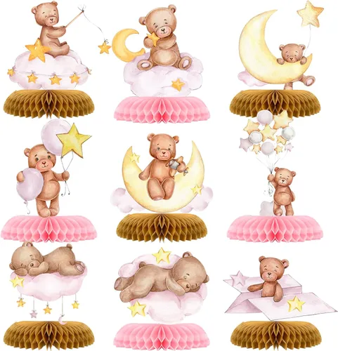 9 piezas de centro de mesa de oso para baby shower, panal, decoración de fiesta, globos de oso rosa, decoración de mesa 3D de panal para niños,