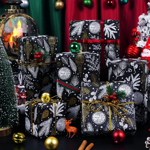 Miniatura 2 de Papel de regalo de Navidad, papel de regalo de Navidad de papel kraft negro y dorado con lámina, rollo jumbo, papel de regalo negro y blanco