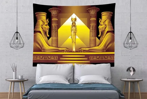 Miniatura 3 de BELECO Tapiz de pirámide egipcia dorada, tapiz de diosa egipcia, faraón egipcio, esfinge, reina Cleopatra, tapiz colgante de pared, templo egipcio