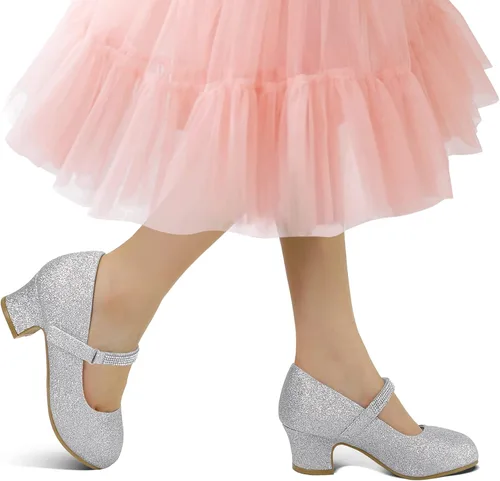 Miniatura 2 de K KomForme Zapatos Mary Jane para niña con tacón bajo con diamantes de imitación de princesa, zapatos planos de vestir para niños pequeños y niños