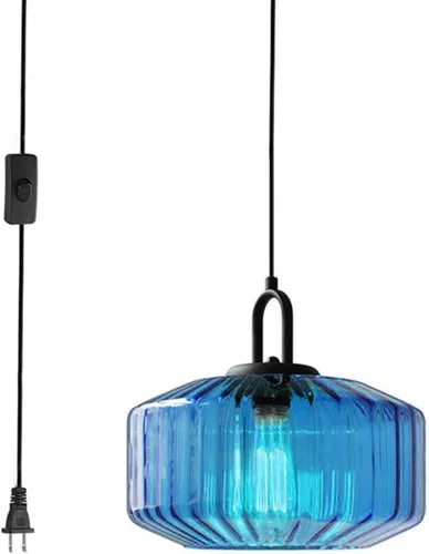 Miniatura 14 de Lámpara colgante enchufable de cristal azul, lámpara colgante dorada de altura ajustable con interruptor de encendido/apagado de cable de 14.7 pies