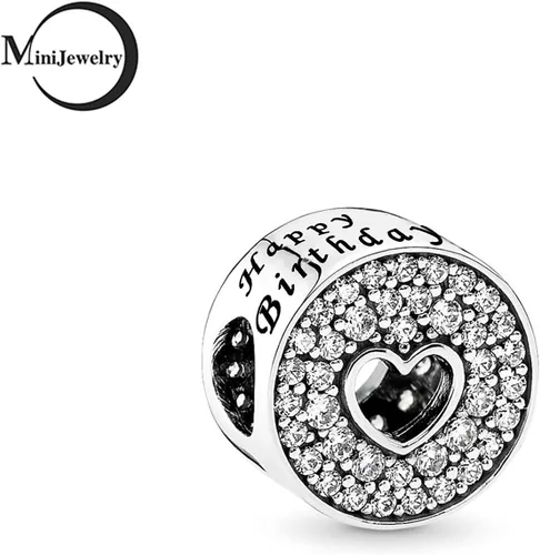 Miniatura 4 de Abalorio de feliz cumpleaños para pulseras, collares, colgantes, corazón, mujeres, hermanas, tía, nieta, celebración, familia, Metal, Circonita