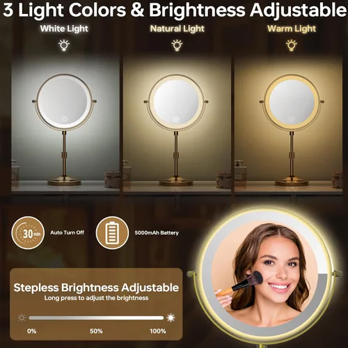 Miniatura 6 de Espejo de maquillaje iluminado de 9 pulgadas con 1 aumento de 10x, espejo de tocador de aumento recargable de 5000 mAh con luces, 3