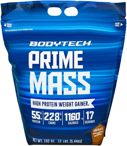 BodyTech Prime Mass - Ganador de masa alto en calorías - Apoya el crecimiento muscular y el aumento de peso - Chocolate (12 libras, 17 porciones)