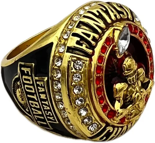 Anillos deportivos con descuento, ANILLO DE CAMPEÓN DE FÚTBOL DE FANTASÍA — CUERPO DORADO, PIEDRAS ROJAS, Premios al jugador 9-20
