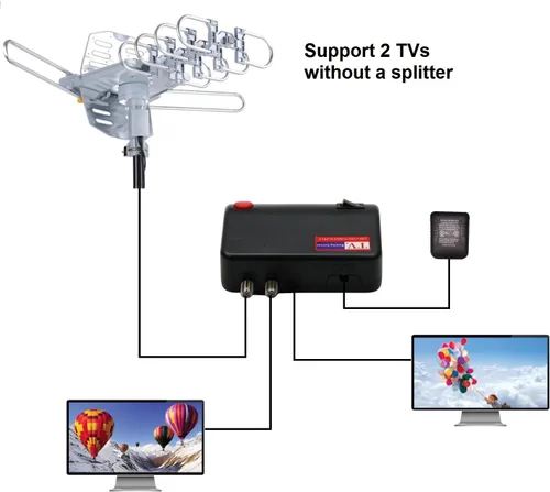 Miniatura 4 de Antena de TV digital de 150 millas para exteriores, rotación de 360 grados, antena HDTV amplificada, compatible con 2 televisores UHF/VHF/1080P/4K