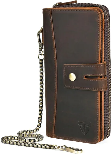Miniatura 22 de Genuino Caballo Loco Cuero Regalo de Viaje Moneda Bolsillo Tarjetero Organizador Largo Cadena Rfid Cartera Monedero Con Broche Para Hombres Hombres