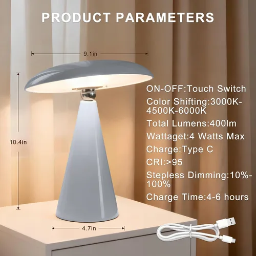 Miniatura 6 de Lámpara de setas de mediados de siglo moderna, lámpara de mesa LED recargable sin cable, luz de cabecera regulable táctil de 3 temperaturas