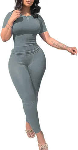 LICOBOD Ropa de descanso acanalada casual 2 piezas conjunto de pantalones cortos para mujer sólido ajustado manga corta cuello redondo top +