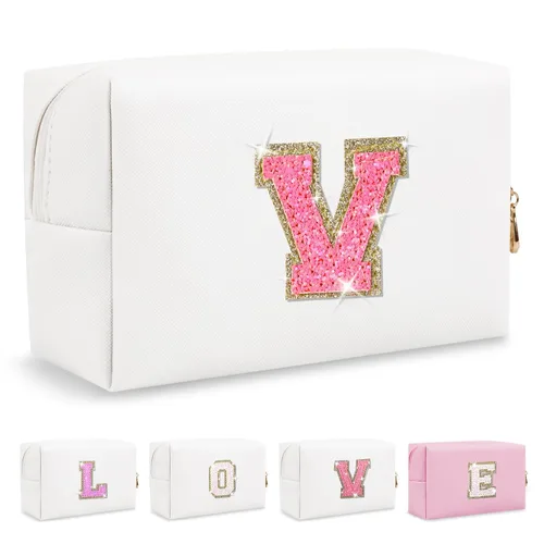 Miniatura 434 de Pequeña bolsa de maquillaje personalizada con inicial A-Z Preppy Patch, bolsa de cosméticos de viaje de felpilla blanca con cremallera, bonita bolsa