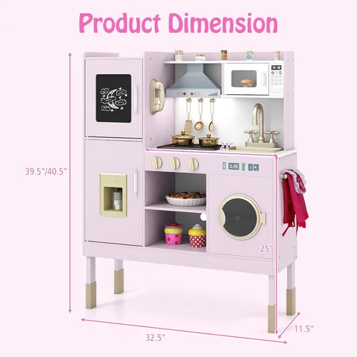 Miniatura 9 de HONEY JOY Juego de cocina para niños, cocina de madera para niños pequeños, microondas, utensilios de cocina, lavadora, campana extractora, juego