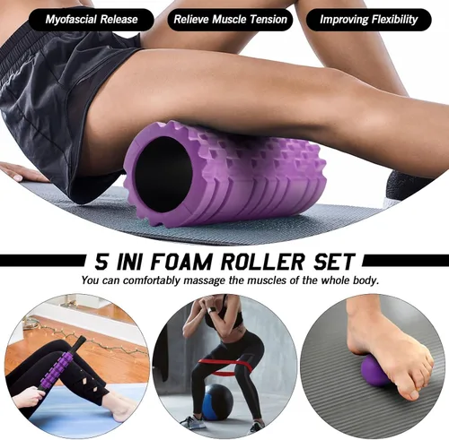 Miniatura 6 de JOYENERGY Juego de rodillos de espuma 5 en 1, rodillo de espuma de punto gatillo patentado, rodillo de masaje, bola de masaje, correa de Violeta