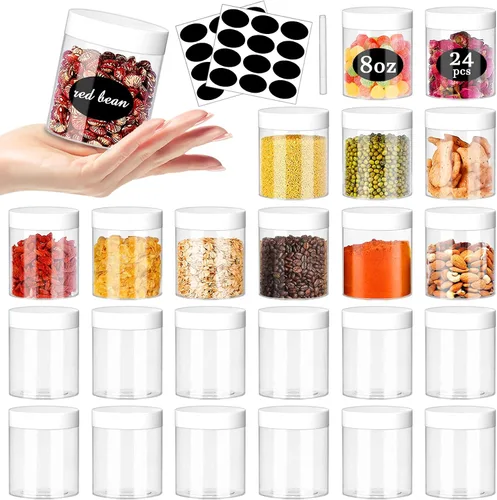 SLifeJars Tarros de plástico transparente de 8 onzas, 24 frascos de comida redondos vacíos con tapas blancas, tarros de viaje de plástico