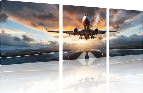 Miniatura 18 de TutuBeer 3 Panels Airplane Wall Art Airplane Posters for Walls Aircraft at Sunrise Plane Pictures for Living Room Bedroom Boys Room Home Decor