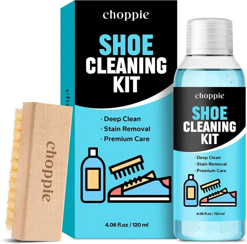 Choppie Kit de limpieza de zapatos 2 en 1 (limpiador de zapatos de 4.06 onzas líquidas + cepillo para zapatos), limpiador de zapatos de gamuza, kit