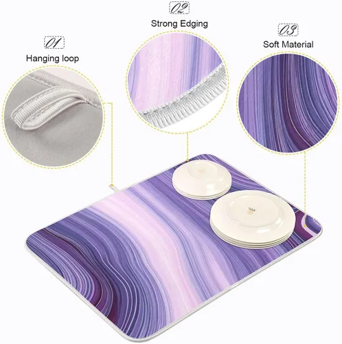 Miniatura 4 de Hermosa alfombra de secado de platos con textura de mármol morado para encimera de cocina, 18 x 24 pulgadas, almohadilla de secado de microfibra