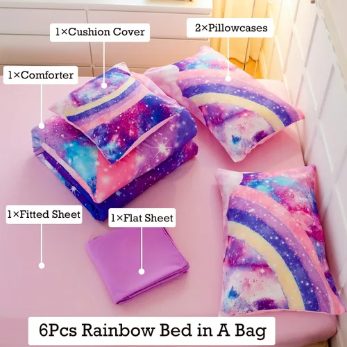 Miniatura 4 de ANGIYUIN Juego de ropa de cama de 6 piezas rosa tamaño completo en una bolsa para niñas, juego de edredón 3D de color arcoíris con ataduras, ropa