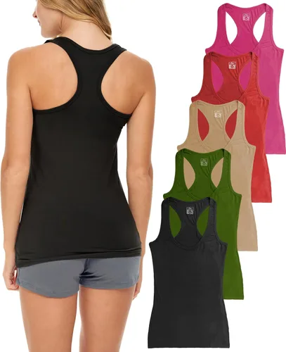 Miniatura 16 de Sexy Basics Paquete de 5 camisetas sin mangas PowerFlex con espalda nadadora para mujer / Camisetas sin mangas elásticas de algodón y elastano