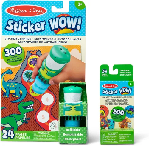 Melissa & Doug ¡Adhesivos Wow!™ Dinosaurio Paquete: Libro de actividades de 24 páginas, Sellador de pegatinas recargable, Mini bloc, 500 pegatinas,