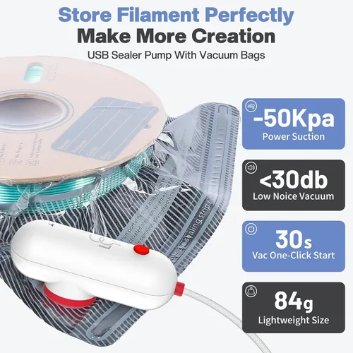 Miniatura 5 de Vacbird Kit de almacenamiento al vacío de filamento con bomba USB, paquete de 20 bolsas selladas al vacío a prueba de luz para filamento 3D, sellado