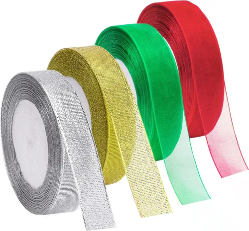 4 Rollos de 10/13 cm de Ancho Cintas de Navidad Metálicas de Brillantina de Organza en Dorada, Plateada, Roja, Verde para Envolver Regalos,
