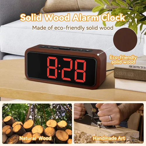 Miniatura 2 de Alarm Clock Loud for Deep Sleepers, Wooden Alarm Clock with LED Display, 12 Alarm Ringtones, 5 Brightness Adjustable, 5 Volumes, Manual DST, Brown