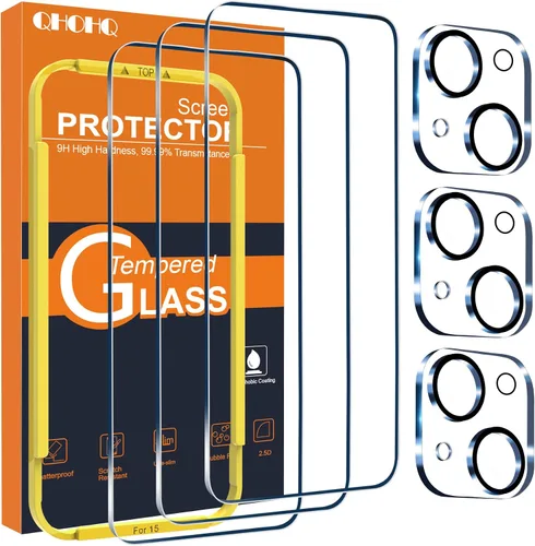 QHOHQ Paquete de 3 protectores de pantalla para iPhone 15 [6.1 pulgadas] con 3 protectores de lente de cámara, película de vidrio templado,